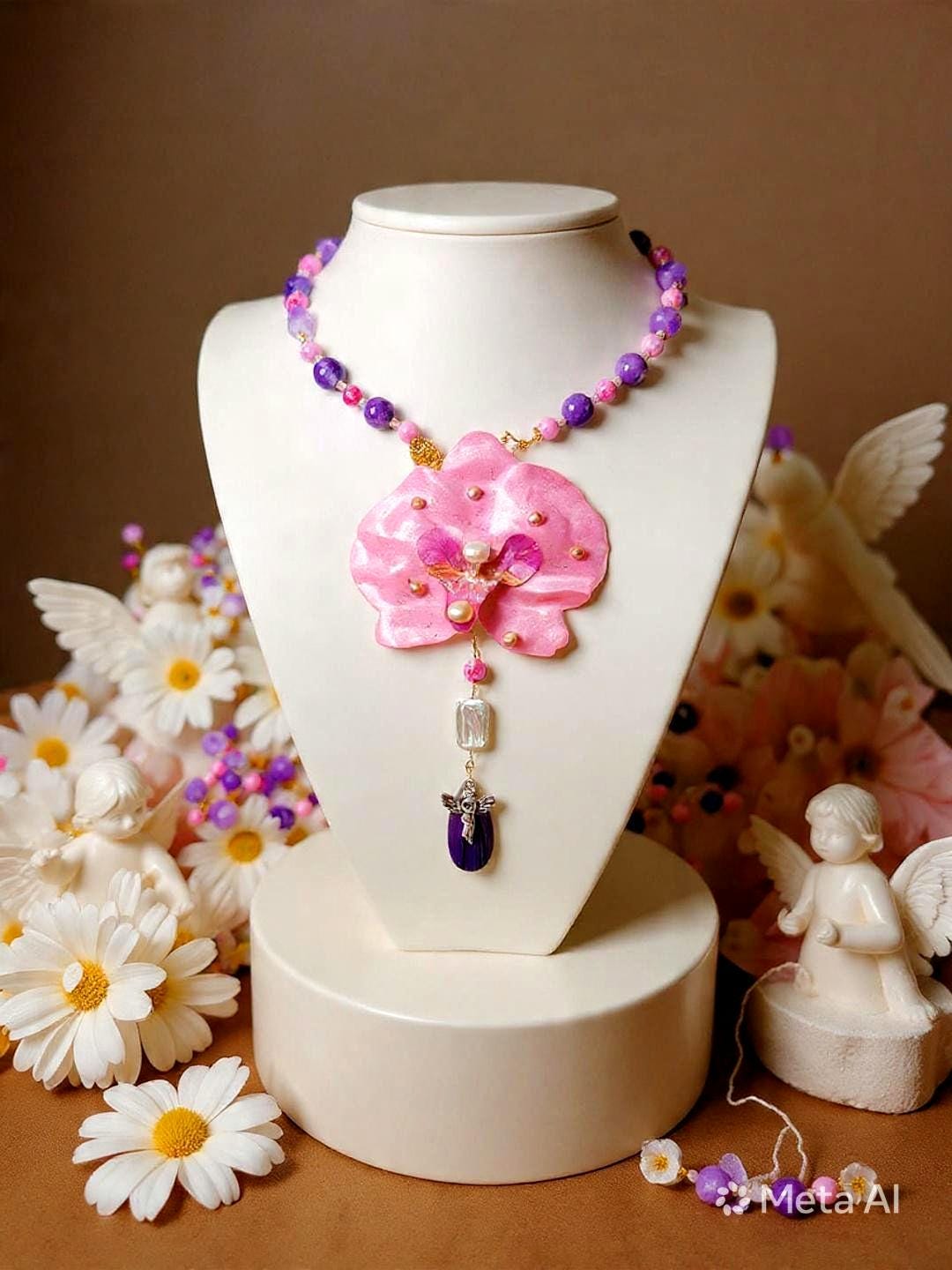 Collier orchidée rêves des anges en améthyste naturelle, perles d’eau douce & jaspe – Bijou trésors des anges fleur éternelle