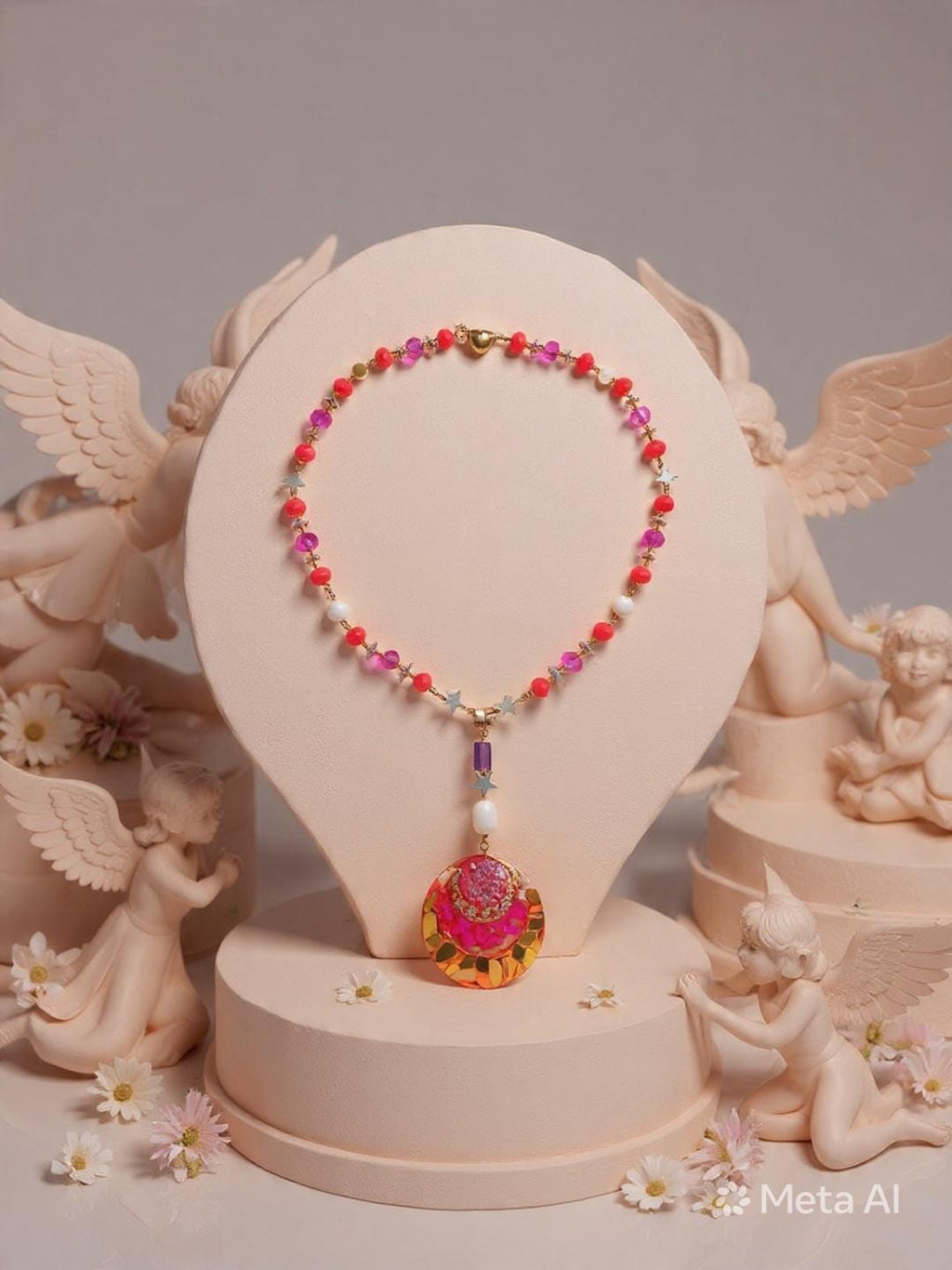 Collier safari en Afrique , pendentif résiné à la main , chaîne en cristal coloré , perles d’eau douce naturelle et hématite
