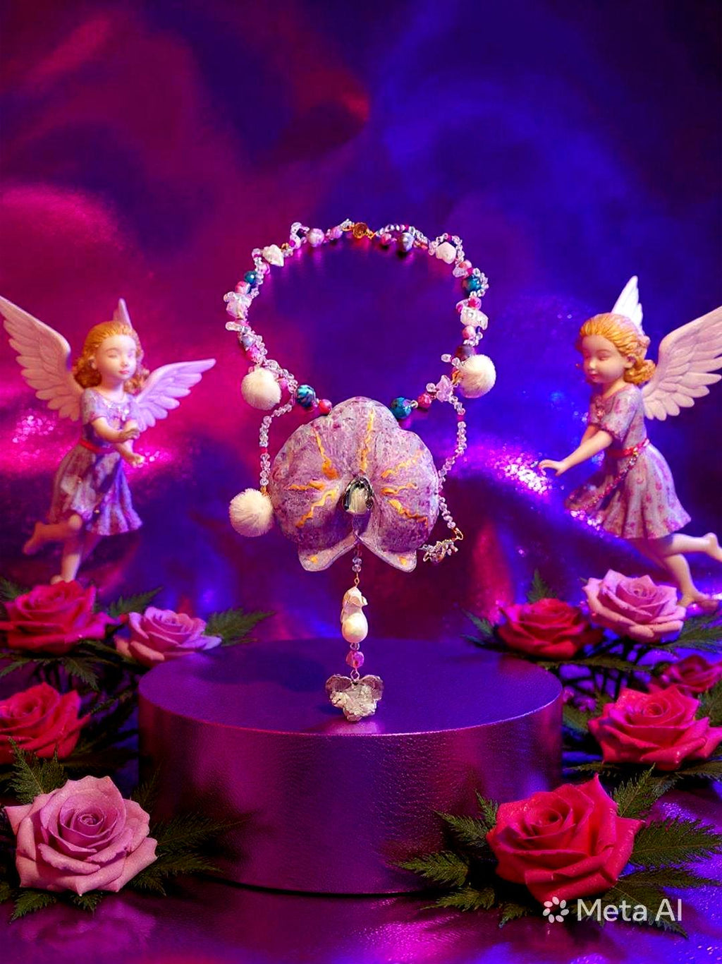 Collier Orchidée des anges en perles d’eau douce , améthyste & jaspe , serti d'un cœur en améthyste , bijou fleur exotique résiné à la main