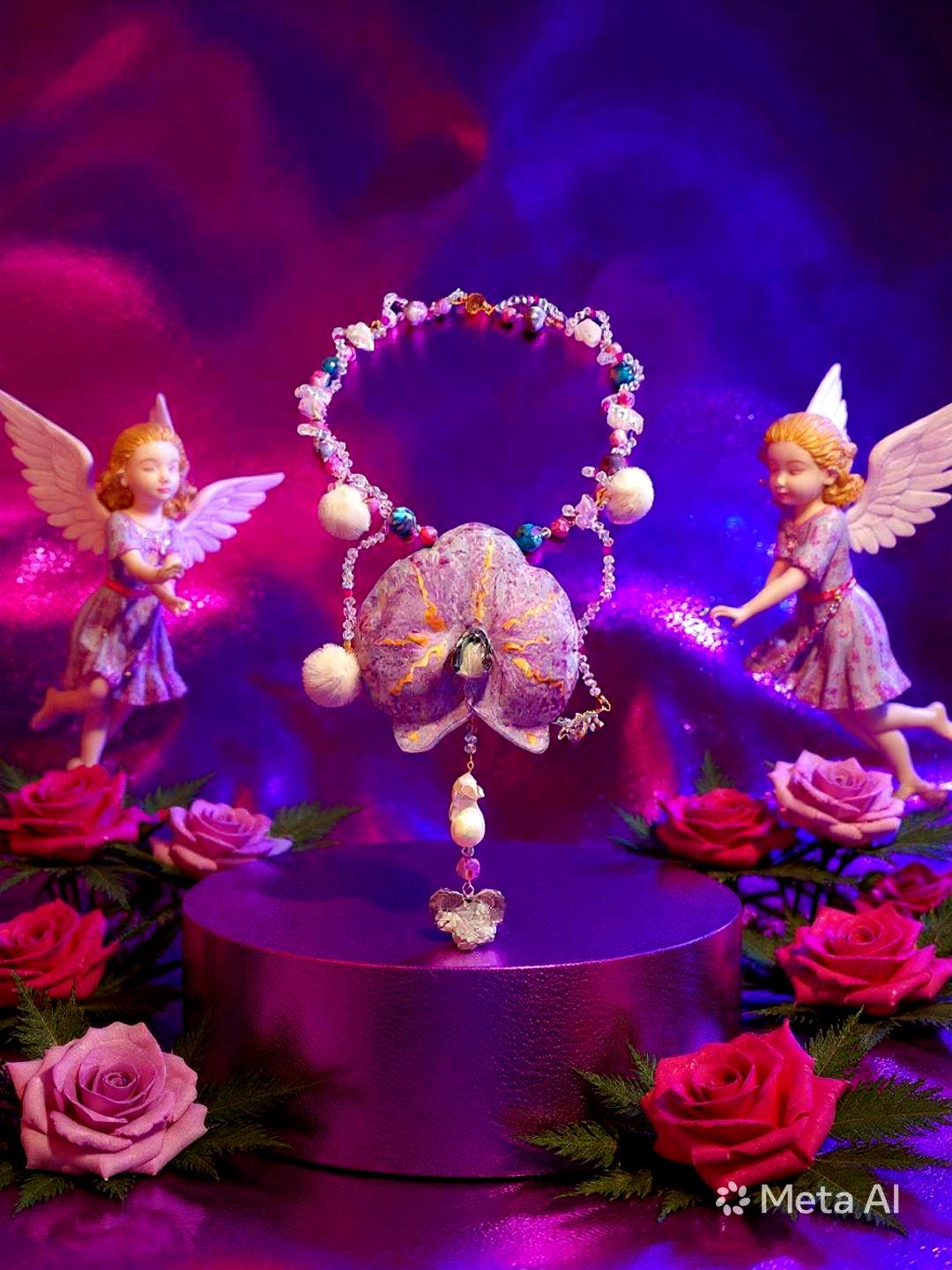 Collier Orchidée des anges en perles d’eau douce , améthyste & jaspe , serti d'un cœur en améthyste , bijou fleur exotique résiné à la main