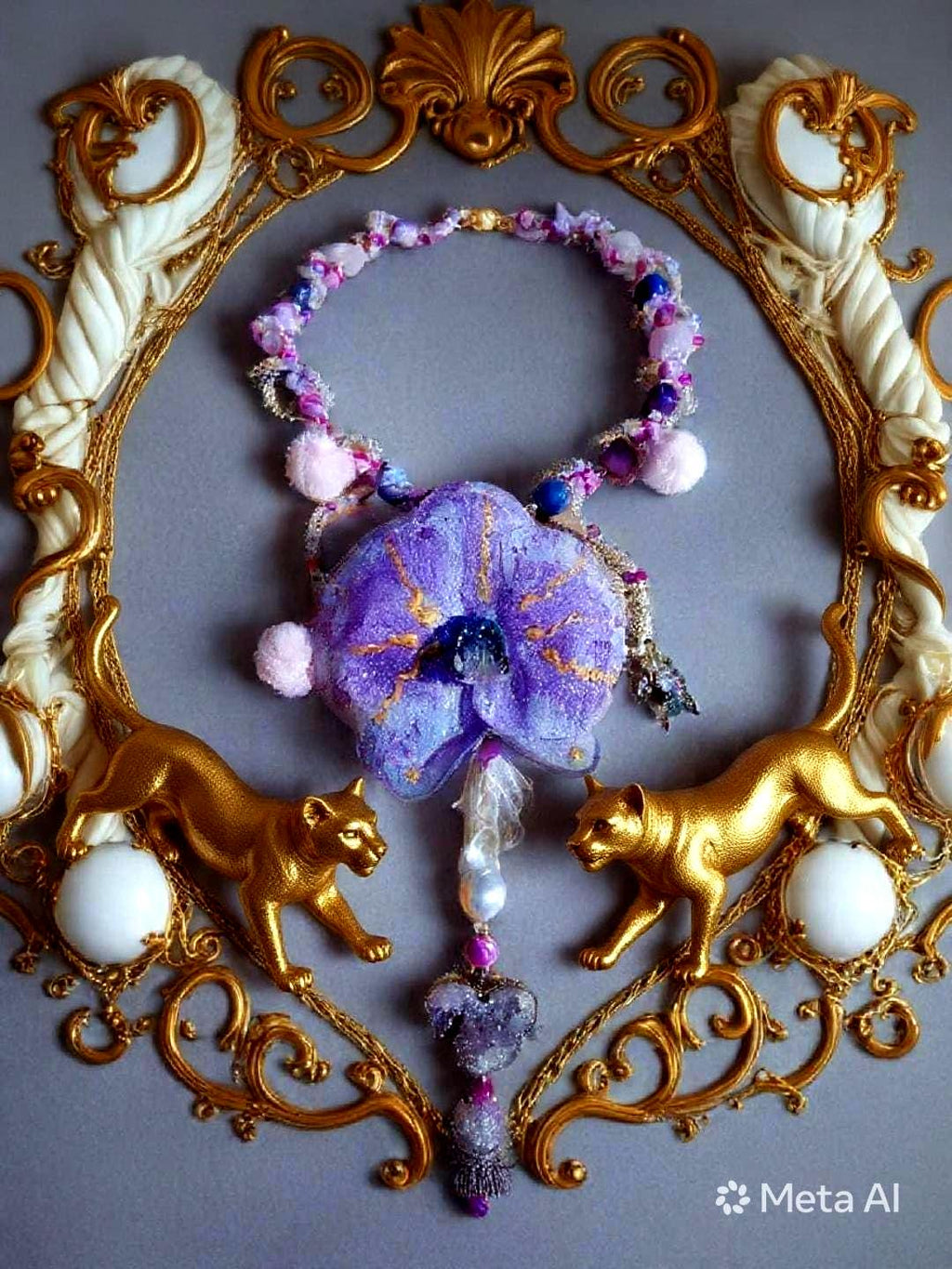 Collier Orchidée des anges en perles d’eau douce , améthyste & jaspe , serti d'un cœur en améthyste , bijou fleur exotique résiné à la main