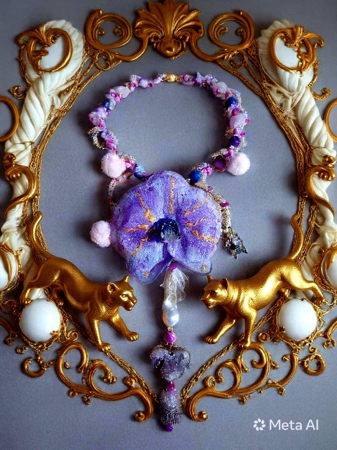 Collier Orchidée des anges en perles d’eau douce , améthyste & jaspe , serti d'un cœur en améthyste , bijou fleur exotique résiné à la main