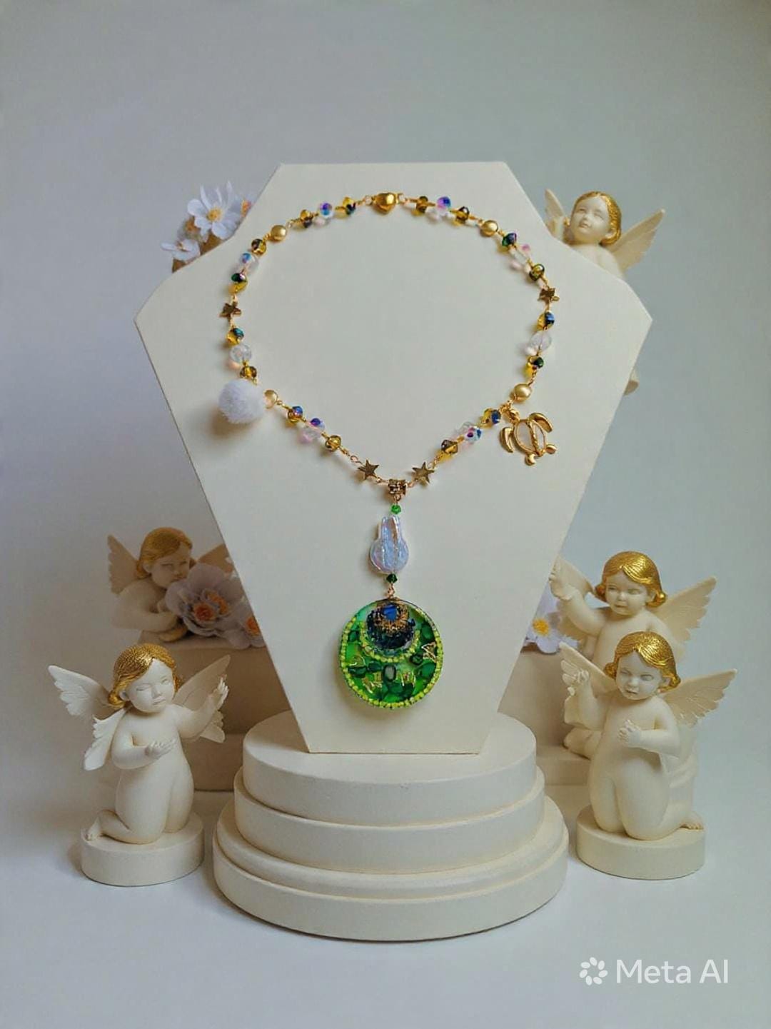 Collier " papillon des tropiques " pendentif  papillons or résiné à la main , chaîne perles d’eau douce, cristal & hématite, bijou tropical