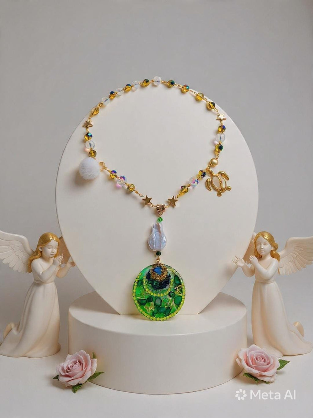 Collier " papillon des tropiques " pendentif  papillons or résiné à la main , chaîne perles d’eau douce, cristal & hématite, bijou tropical