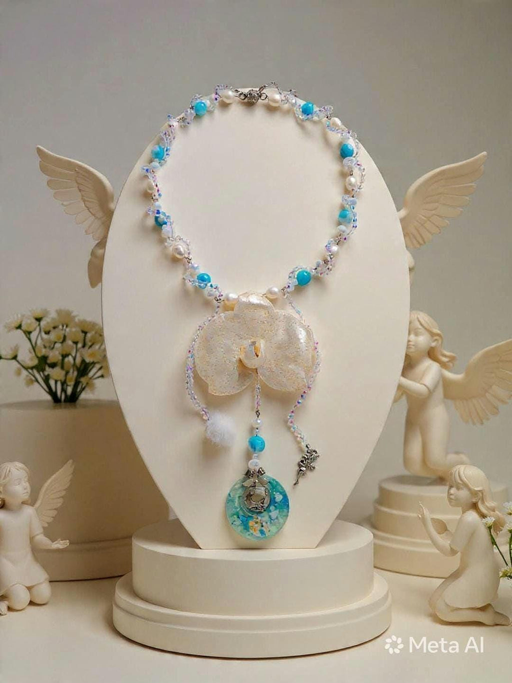 Collier Orchidée des anges résinée - Perles d’Eau Douce, Angelite , cristal- bijou féerique- fait main