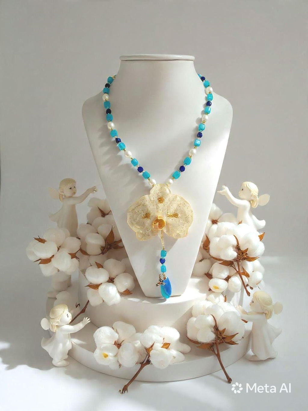 Collier Orchidée des anges en perles d’eau douce naturelle, amazonite & lapis-lazuli ,  bijou fleur naturelle résiné, fait main
