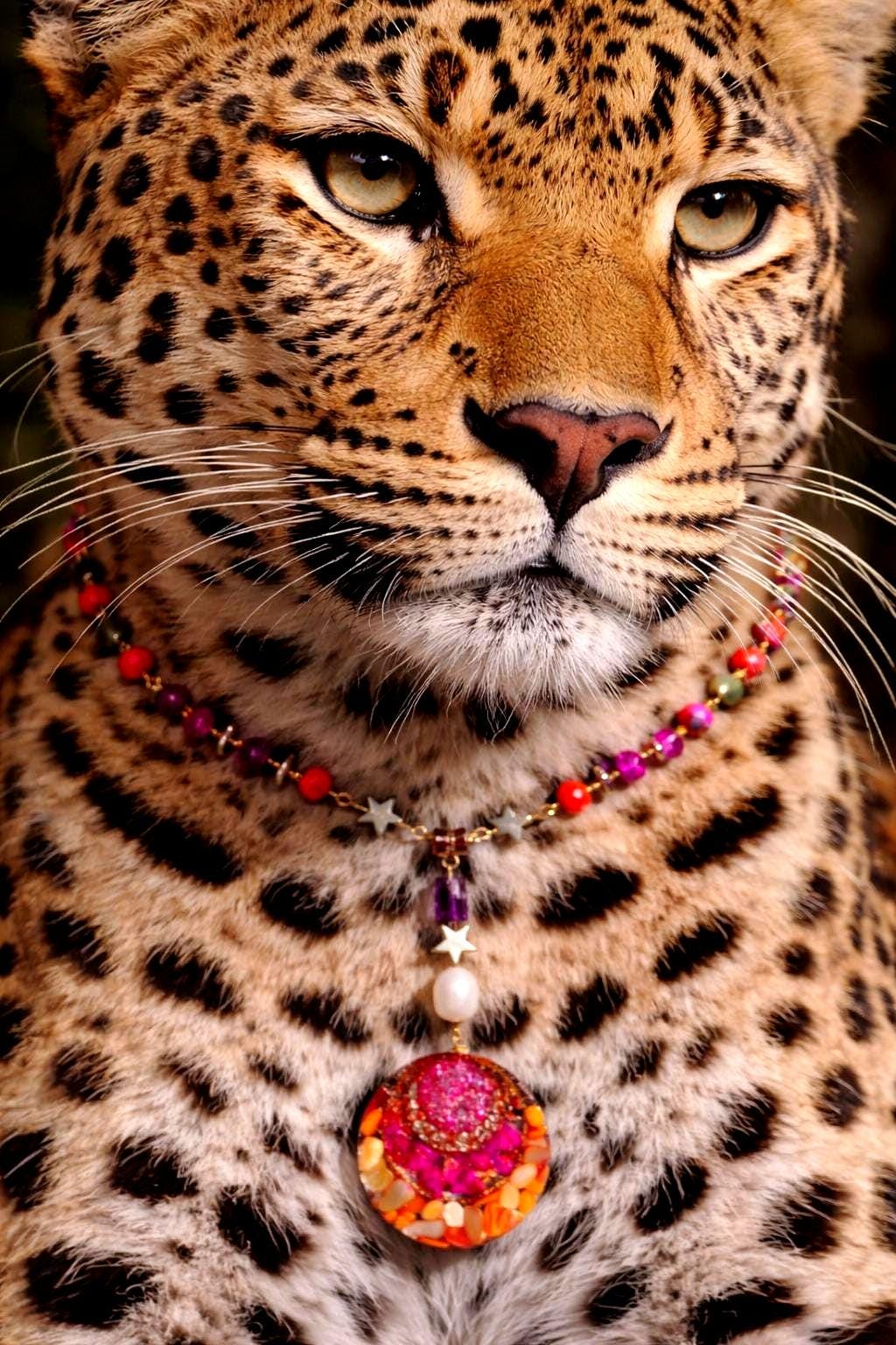 Collier safari en Afrique , pendentif résiné à la main , chaîne en cristal coloré , perles d’eau douce naturelle et hématite