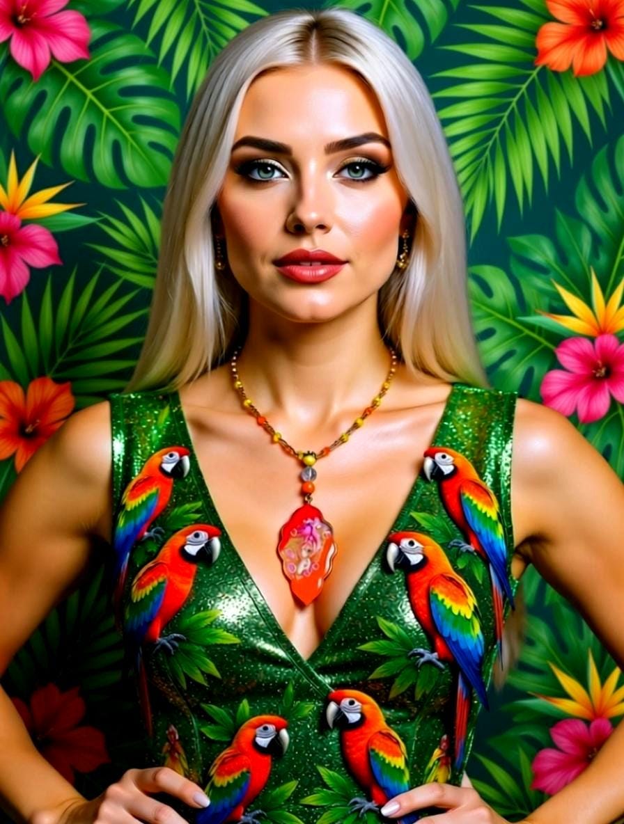 Collier " coco brazil "  perroquet des îles tropicales, résiné à la main , serti de cristaux multicolores , Bijou artisanal