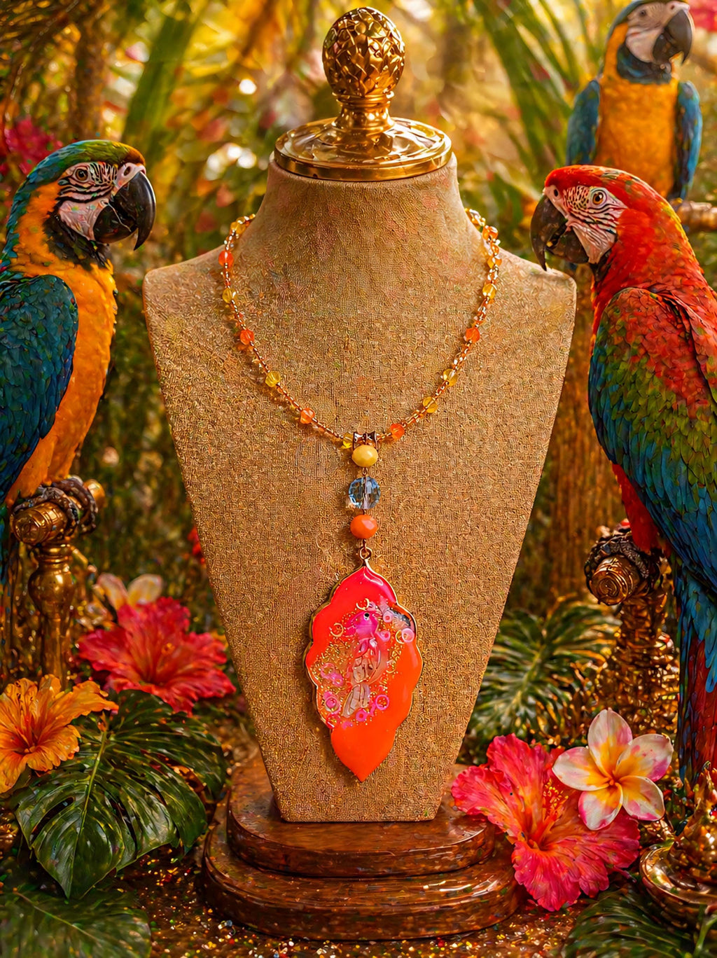 Collier " coco brazil "  perroquet des îles tropicales, résiné à la main , serti de cristaux multicolores , Bijou artisanal
