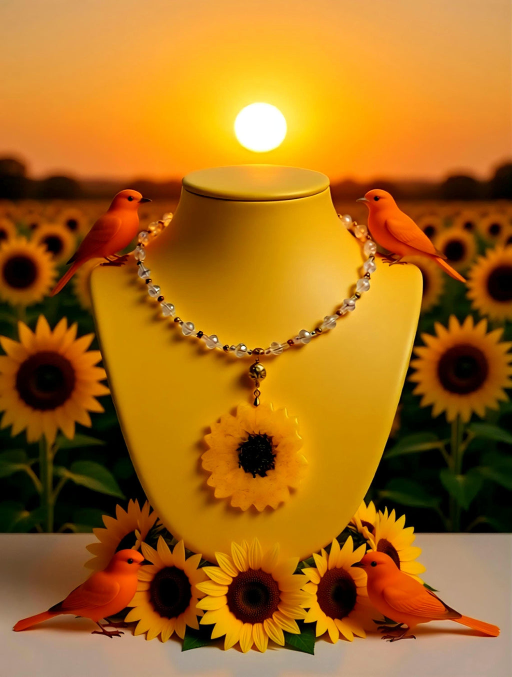 Collier tournesol doré " soleil d'été " avec perles de cristal, Fait main , le Bijou Soleil des Femmes lumineuses