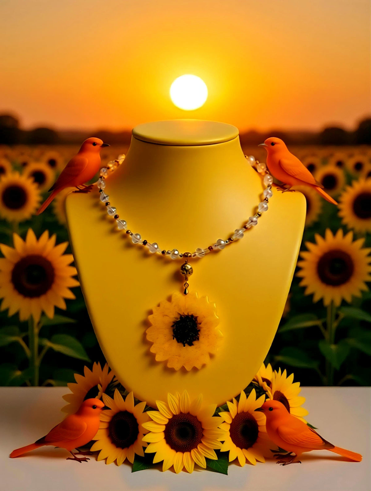 Collier tournesol doré " soleil d'été " avec perles de cristal, Fait main , le Bijou Soleil des Femmes lumineuses
