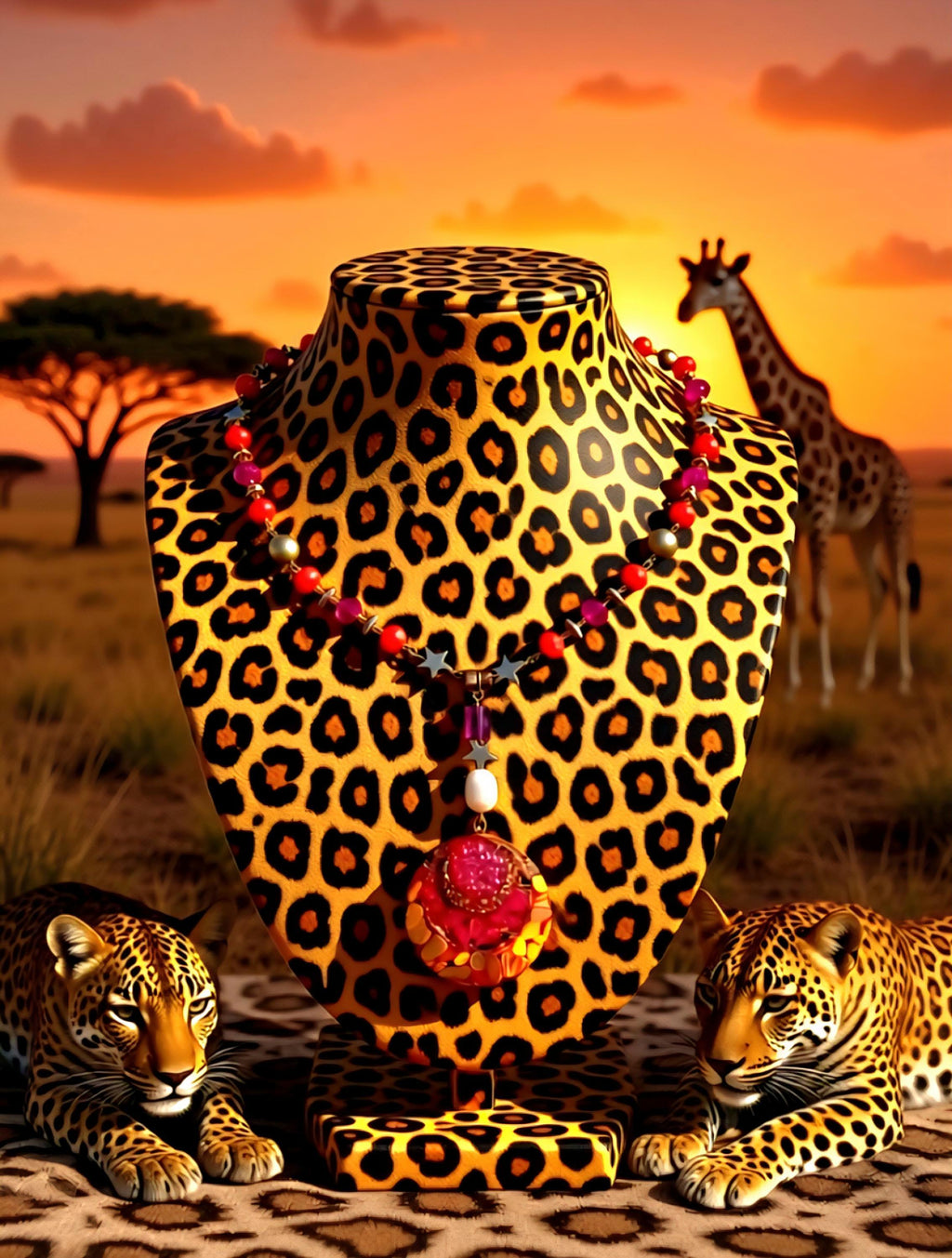 Collier safari en Afrique , pendentif résiné à la main , chaîne en cristal coloré , perles d’eau douce naturelle et hématite