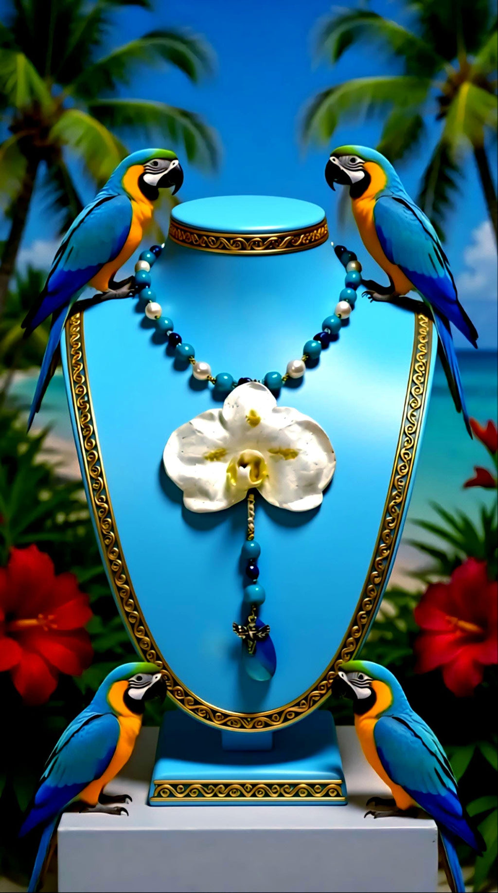 Collier Orchidée des anges en perles d’eau douce naturelle, amazonite & lapis-lazuli ,  bijou fleur naturelle résiné, fait main