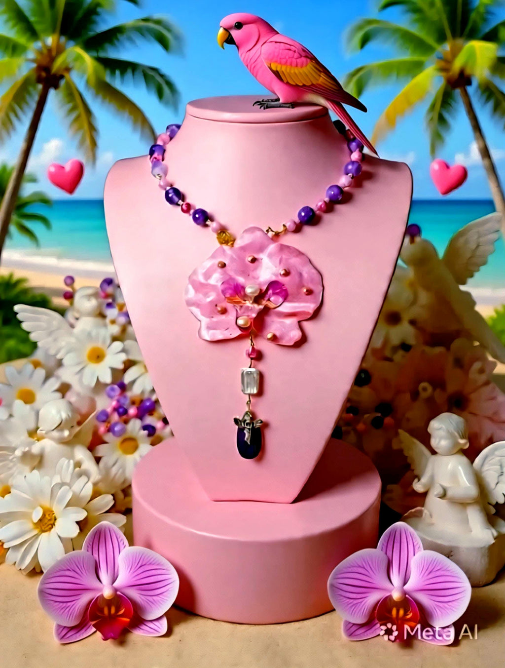 Collier orchidée rêves des anges en améthyste naturelle, perles d’eau douce & jaspe – Bijou trésors des anges fleur éternelle