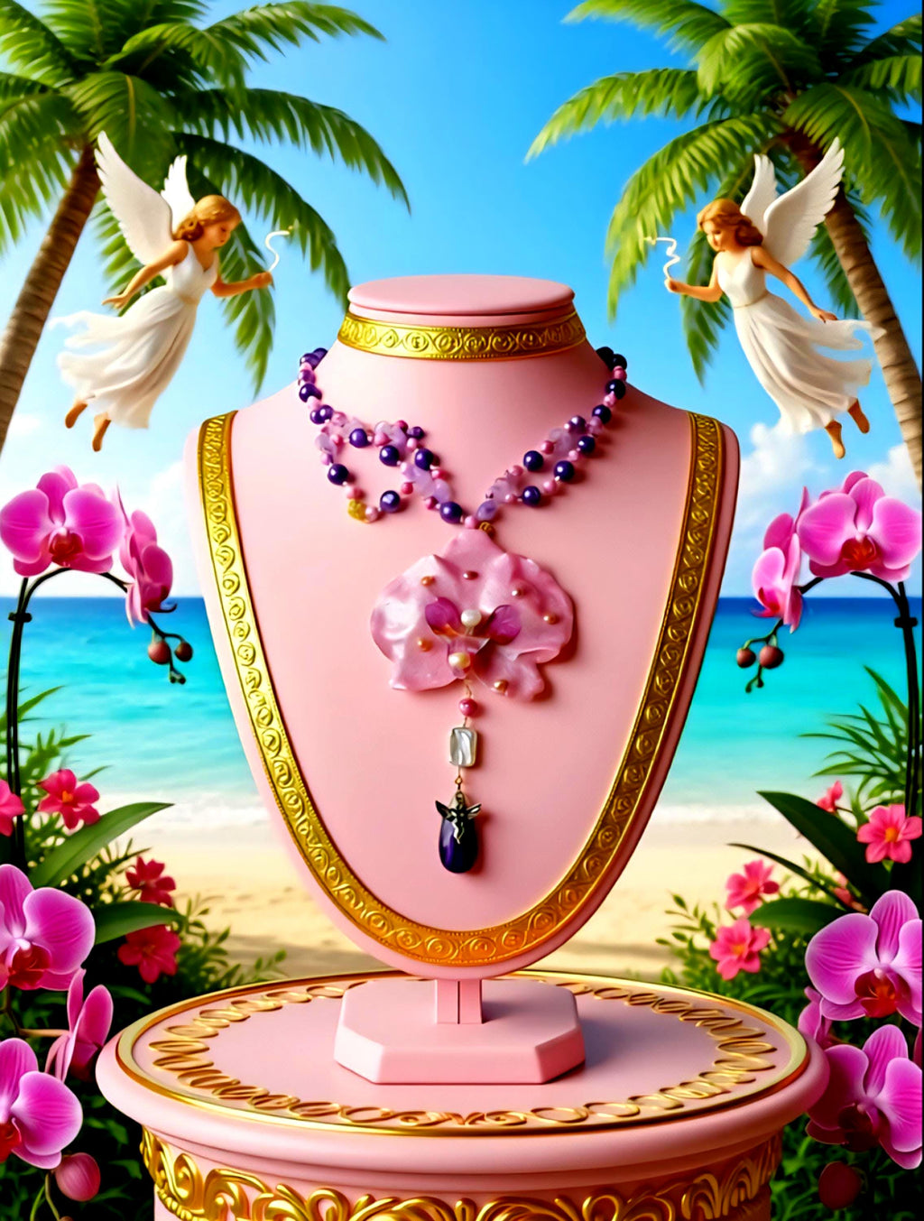 Collier orchidée rêves des anges en améthyste naturelle, perles d’eau douce & jaspe – Bijou trésors des anges fleur éternelle
