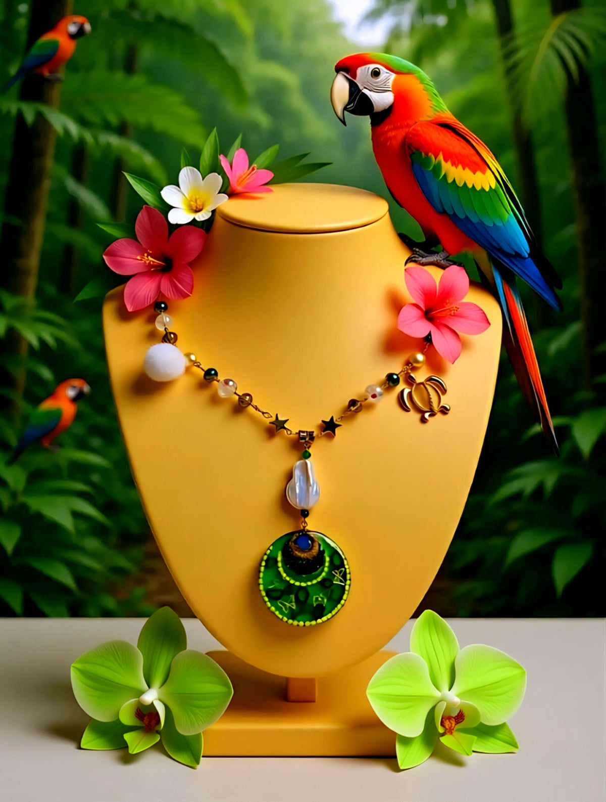 Collier " papillon des tropiques " pendentif  papillons or résiné à la main , chaîne perles d’eau douce, cristal & hématite, bijou tropical