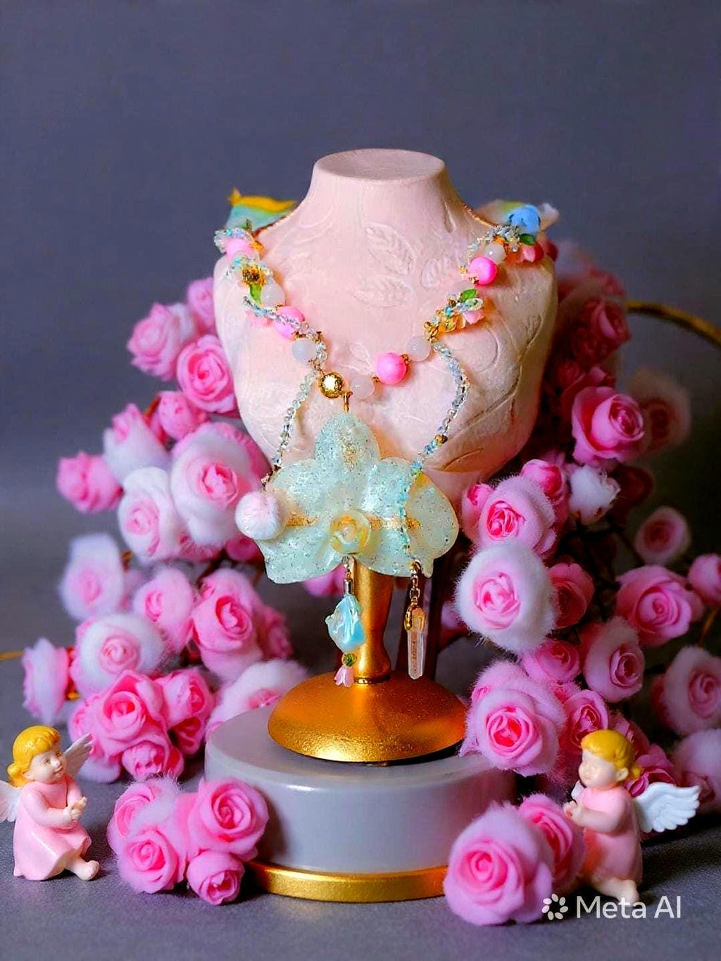 Collier orchidée " sourire d'ange " en quartz rose , perles d’eau douce & cristal , fleur résiné à la main , bijou féerique romantique