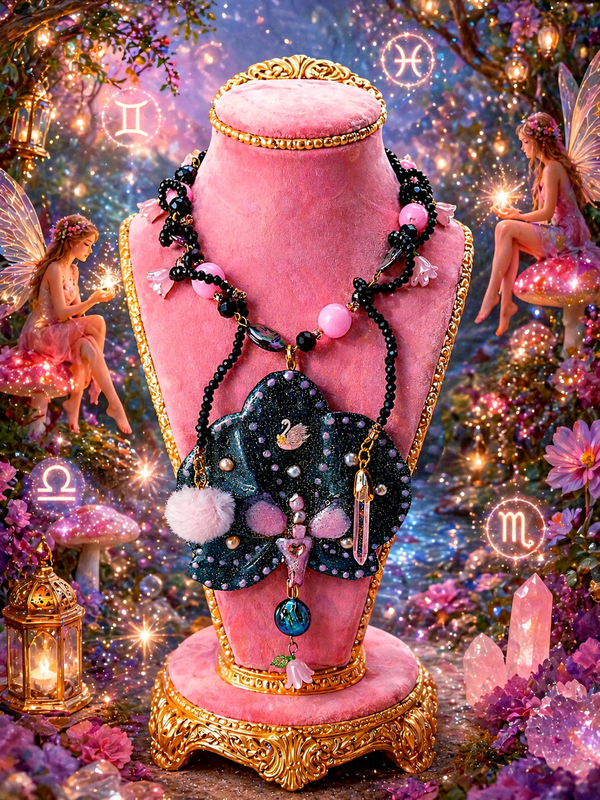 Collier Fleur éternelle Orchidée Véritable |Perles d'eau douce | Bijou Botanique Fleurs Séchées Fait Main | cristal noir