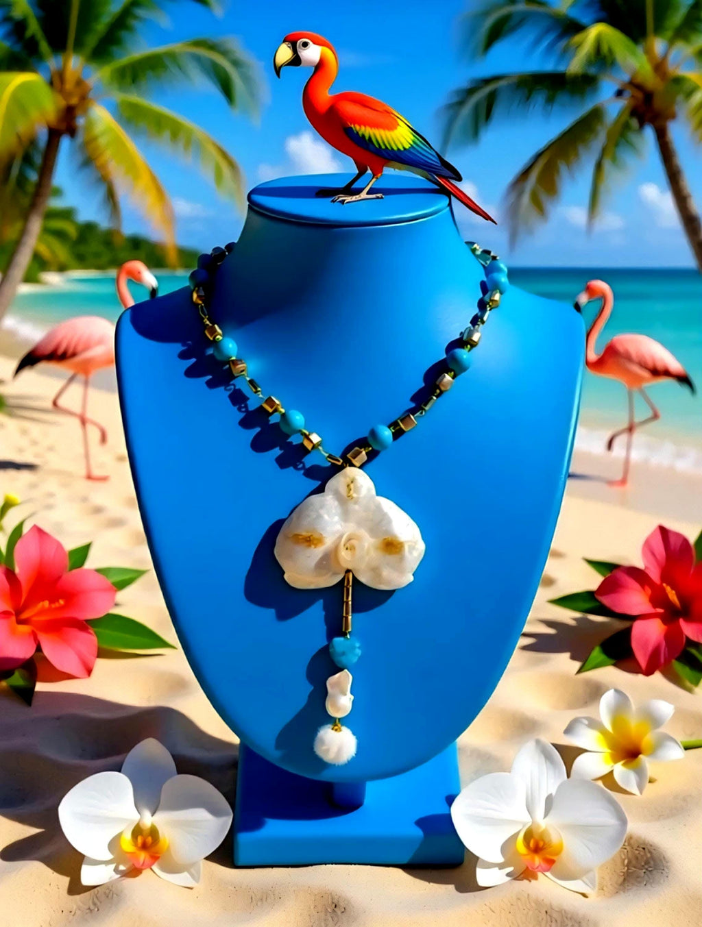 Collier orchidée des tropiques en perles d’eau douce naturelle , turquoise et hématite – bijou exotique fait main – Cadeau femme unique