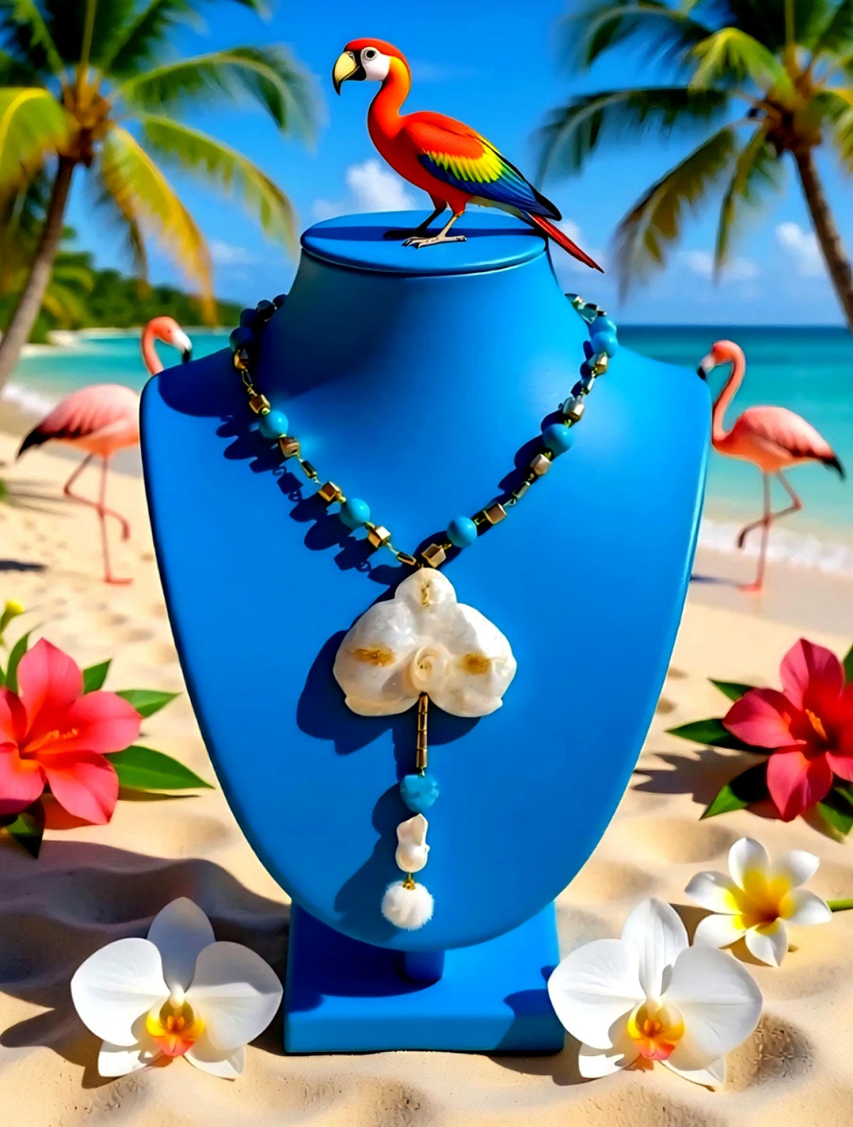 Collier orchidée des tropiques en perles d’eau douce naturelle , turquoise et hématite – bijou exotique fait main – Cadeau femme unique