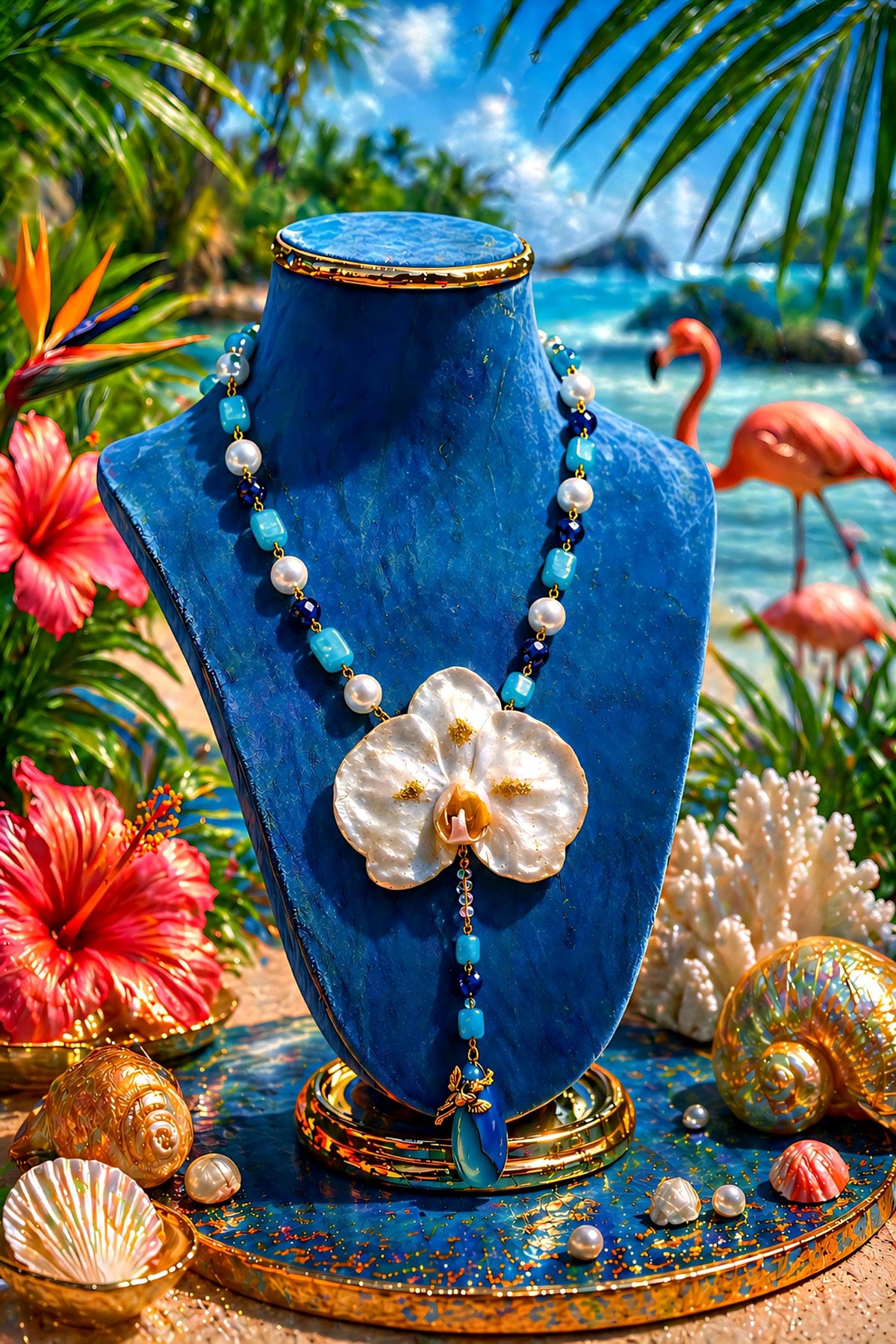 Collier Orchidée des anges en perles d’eau douce naturelle, amazonite & lapis-lazuli ,  bijou fleur naturelle résiné, fait main