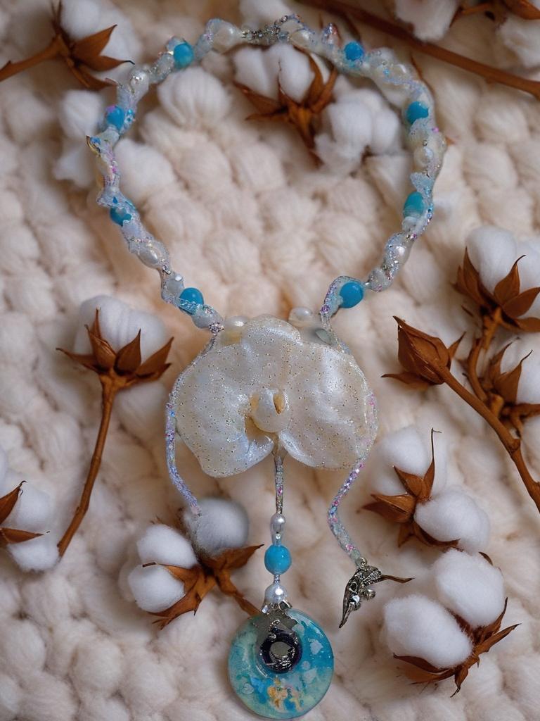 Collier Orchidée des anges résinée - Perles d’Eau Douce, Angelite , cristal- bijou féerique- fait main