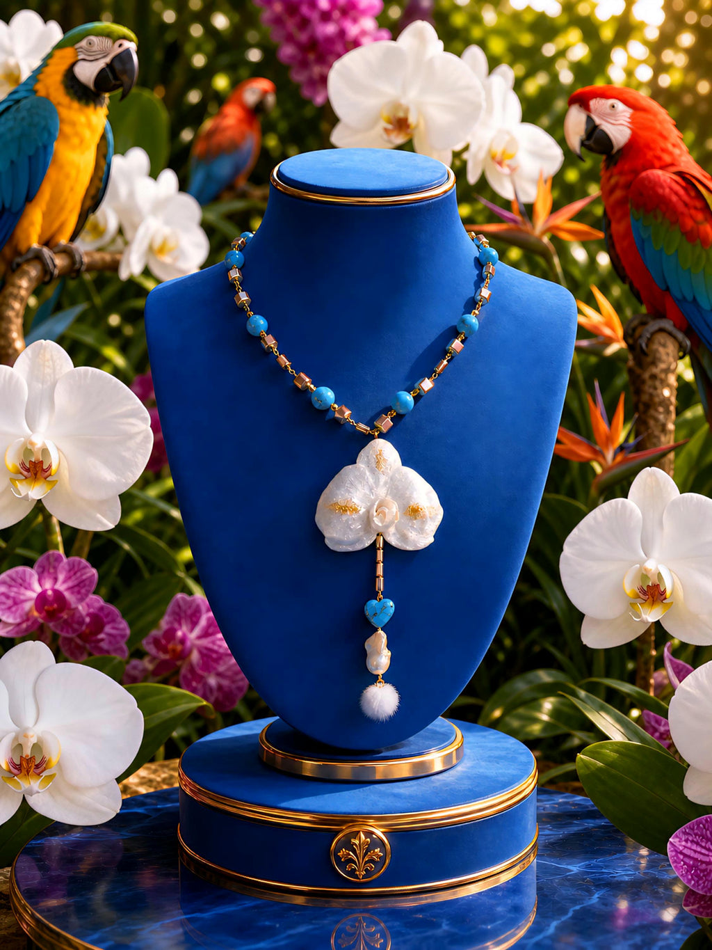 Collier orchidée des tropiques en perles d’eau douce naturelle , turquoise et hématite – bijou exotique fait main – Cadeau femme unique