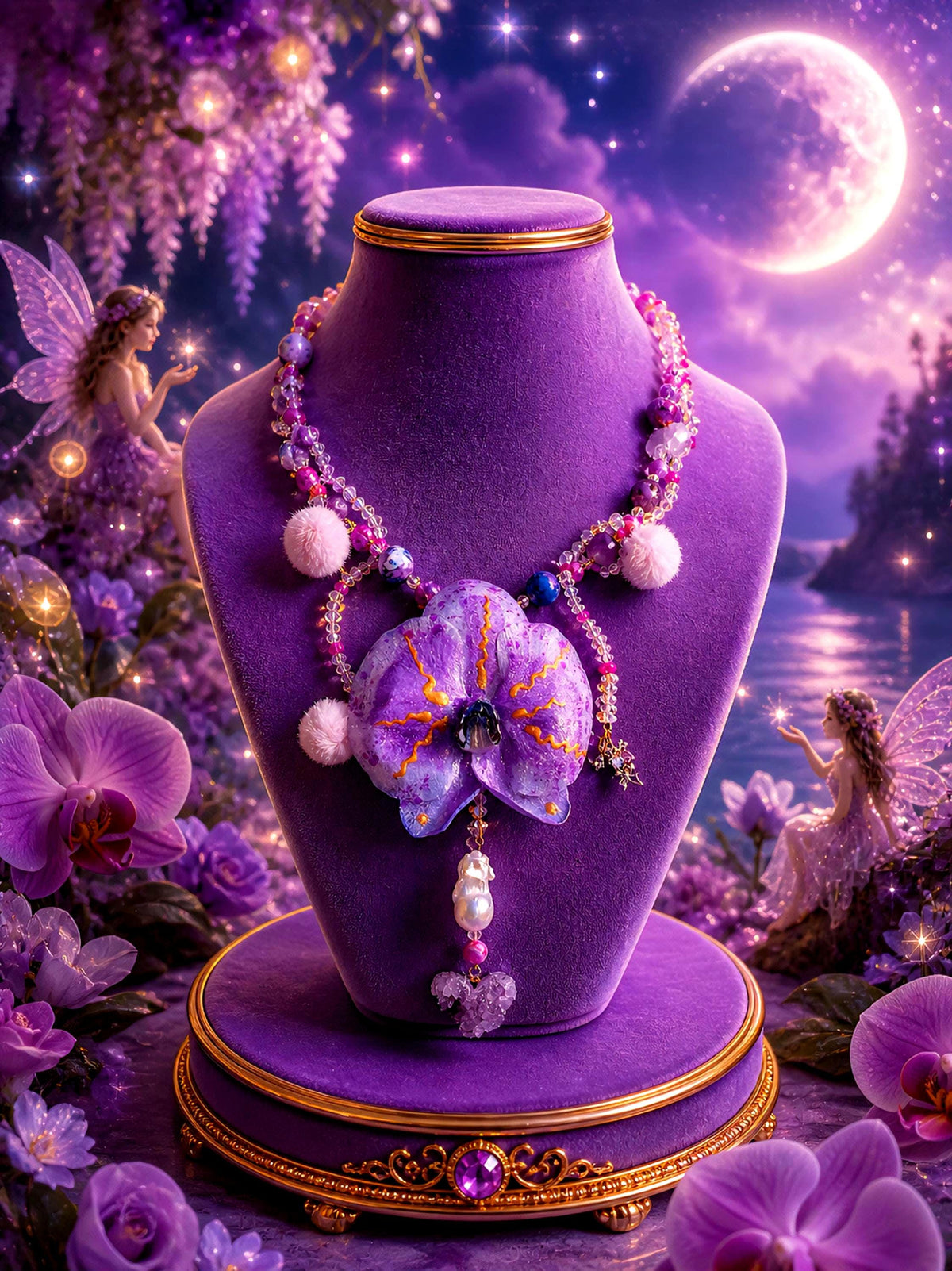 Collier Orchidée des anges en perles d’eau douce , améthyste & jaspe , serti d'un cœur en améthyste , bijou fleur exotique résiné à la main