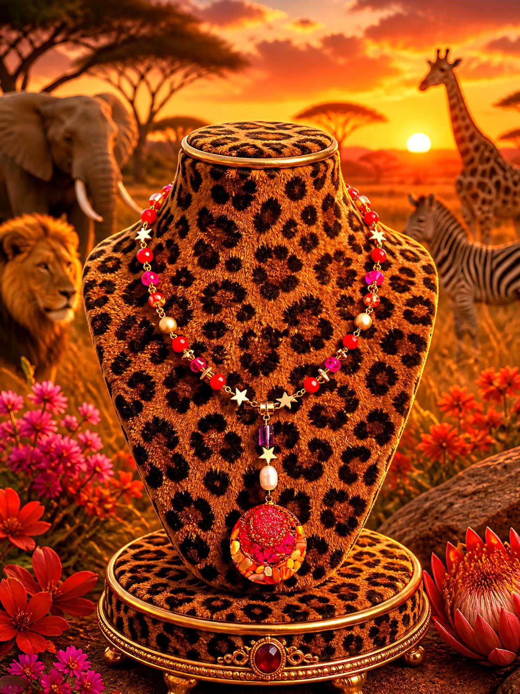 Collier safari en Afrique , pendentif résiné à la main , chaîne en cristal coloré , perles d’eau douce naturelle et hématite