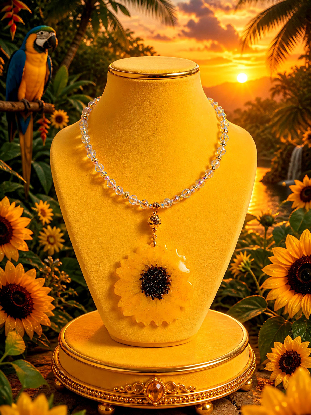 Collier tournesol doré " soleil d'été " avec perles de cristal, Fait main , le Bijou Soleil des Femmes lumineuses