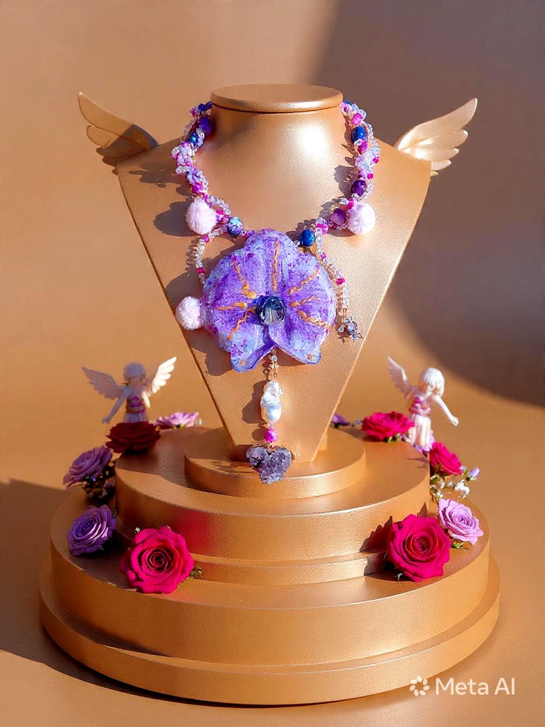 Collier Orchidée des anges en perles d’eau douce , améthyste & jaspe , serti d'un cœur en améthyste , bijou fleur exotique résiné à la main