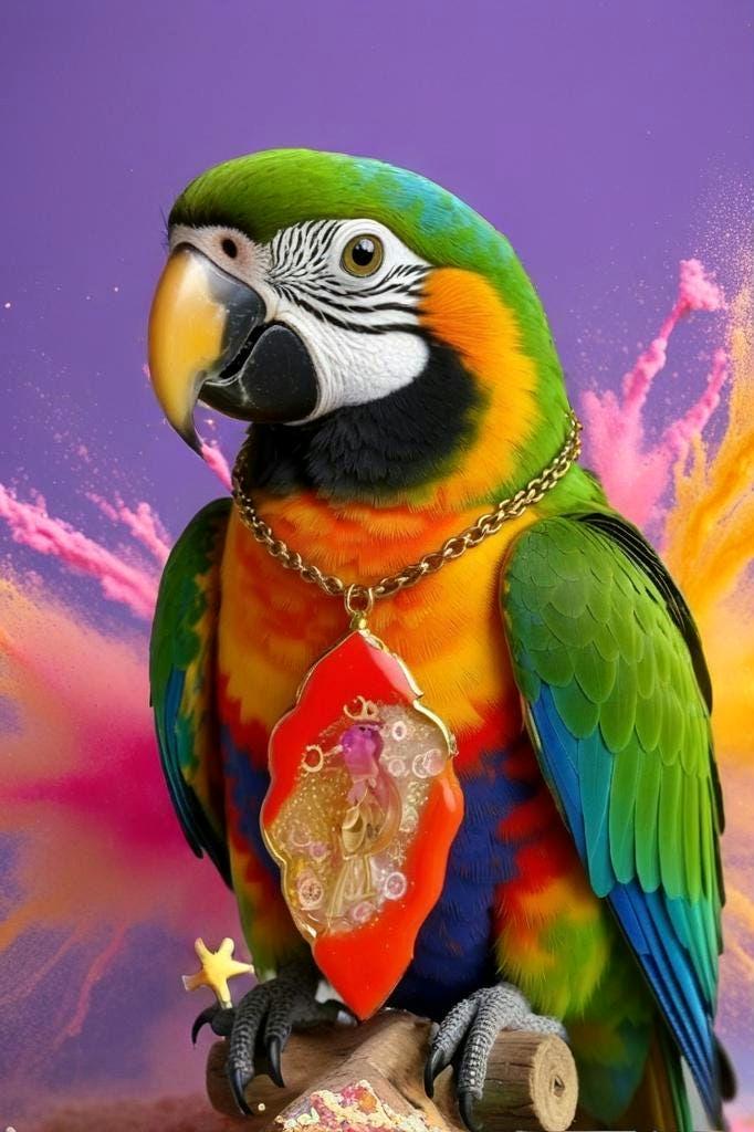 Collier " coco brazil "  perroquet des îles tropicales, résiné à la main , serti de cristaux multicolores , Bijou artisanal