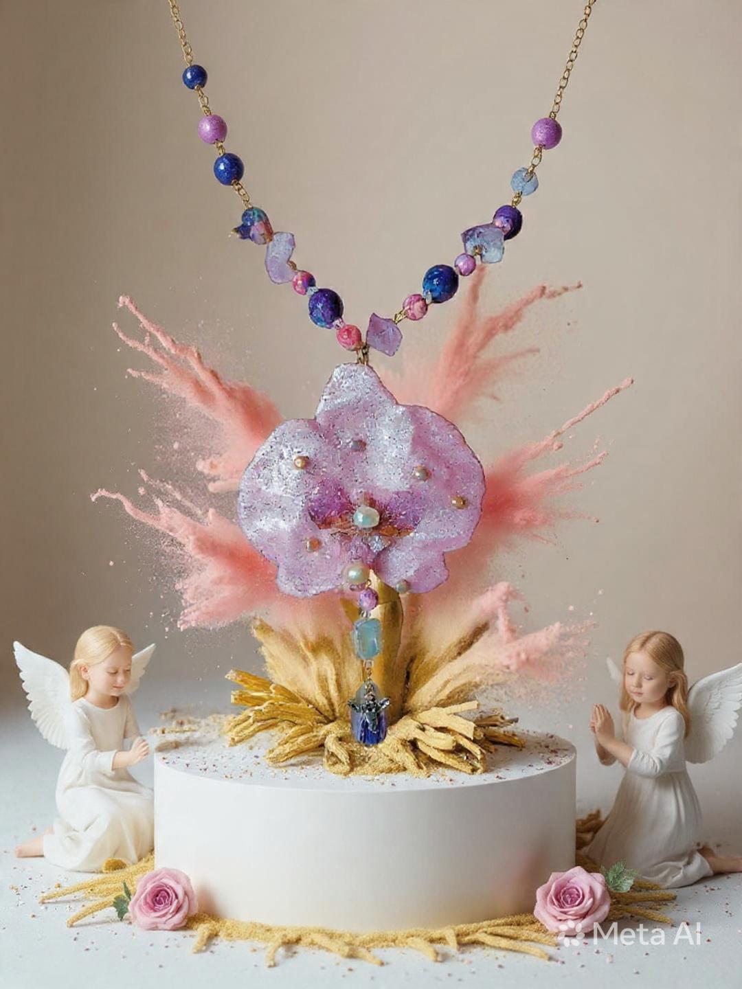 Collier orchidée rêves des anges en améthyste naturelle, perles d’eau douce & jaspe – Bijou trésors des anges fleur éternelle