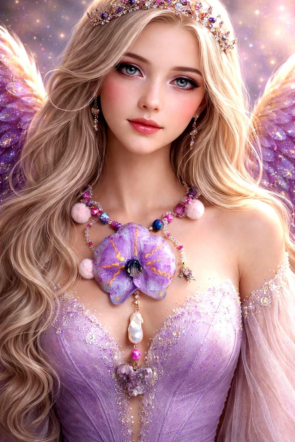 Collier Orchidée des anges en perles d’eau douce , améthyste & jaspe , serti d'un cœur en améthyste , bijou fleur exotique résiné à la main
