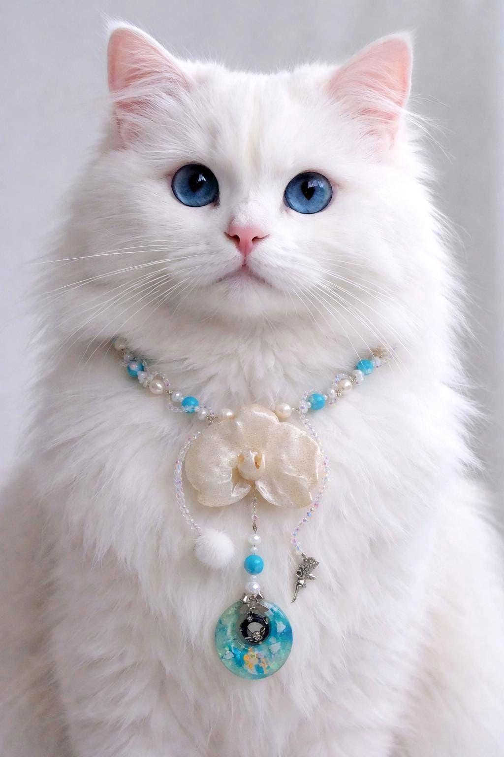 Collier Orchidée des anges résinée - Perles d’Eau Douce, Angelite , cristal- bijou féerique- fait main