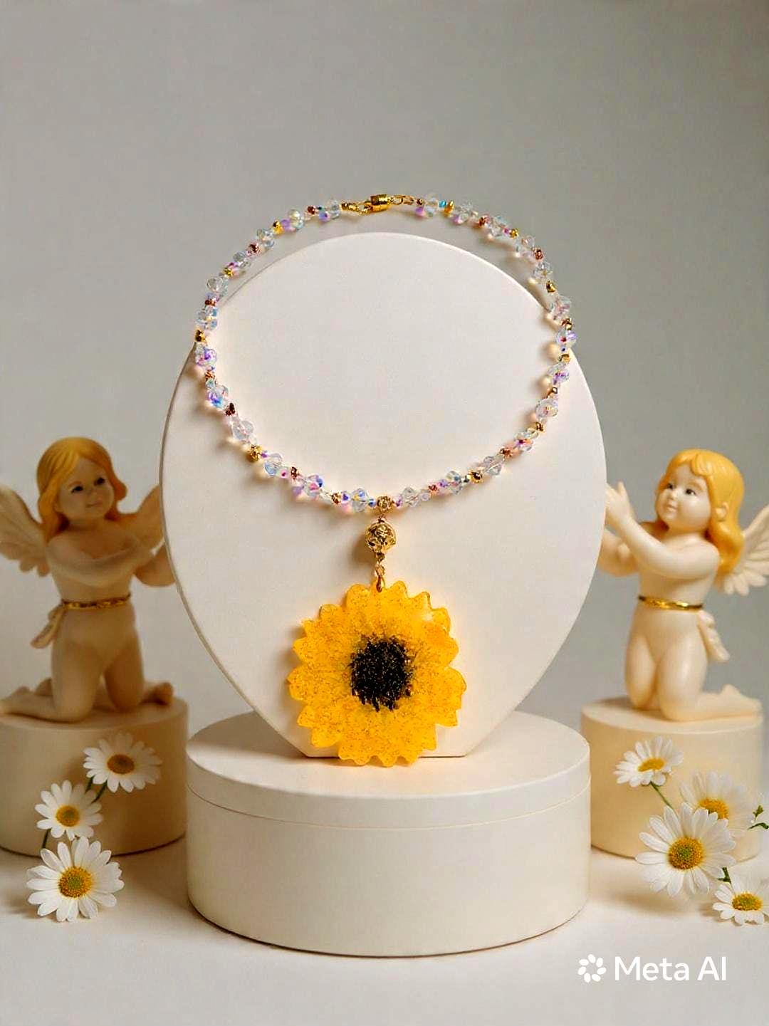 Collier tournesol doré " soleil d'été " avec perles de cristal, Fait main , le Bijou Soleil des Femmes lumineuses