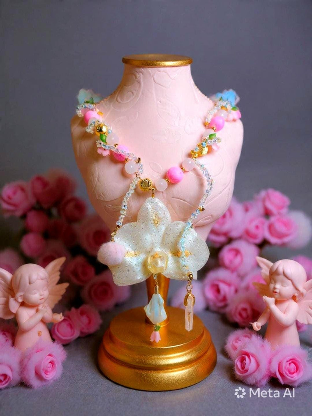 Collier orchidée " sourire d'ange " en quartz rose , perles d’eau douce & cristal , fleur résiné à la main , bijou féerique romantique