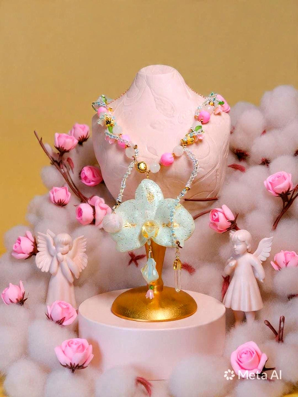 Collier orchidée " sourire d'ange " en quartz rose , perles d’eau douce & cristal , fleur résiné à la main , bijou féerique romantique