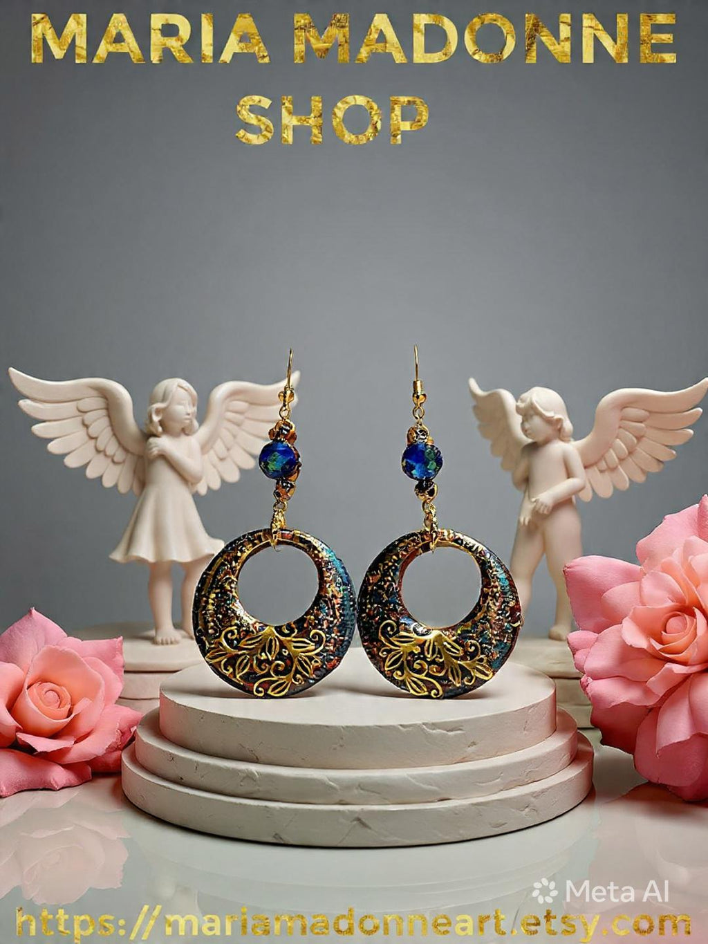 Boucles d'oreilles " jasmine des îles marquises "  en lapis-lazuli & hématite , résiné à la main, bijou artisanal