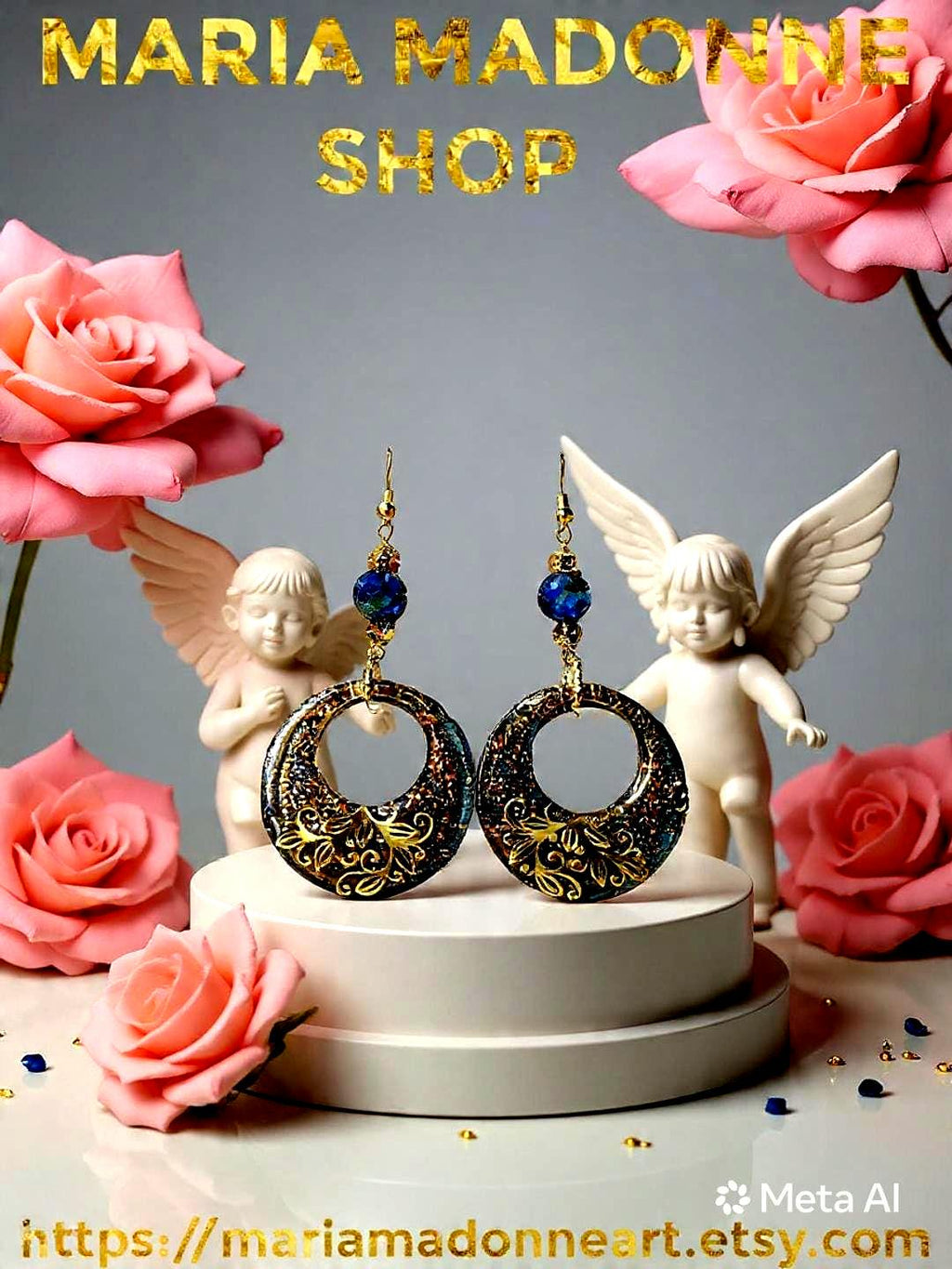 Boucles d'oreilles " jasmine des îles marquises "  en lapis-lazuli & hématite , résiné à la main, bijou artisanal