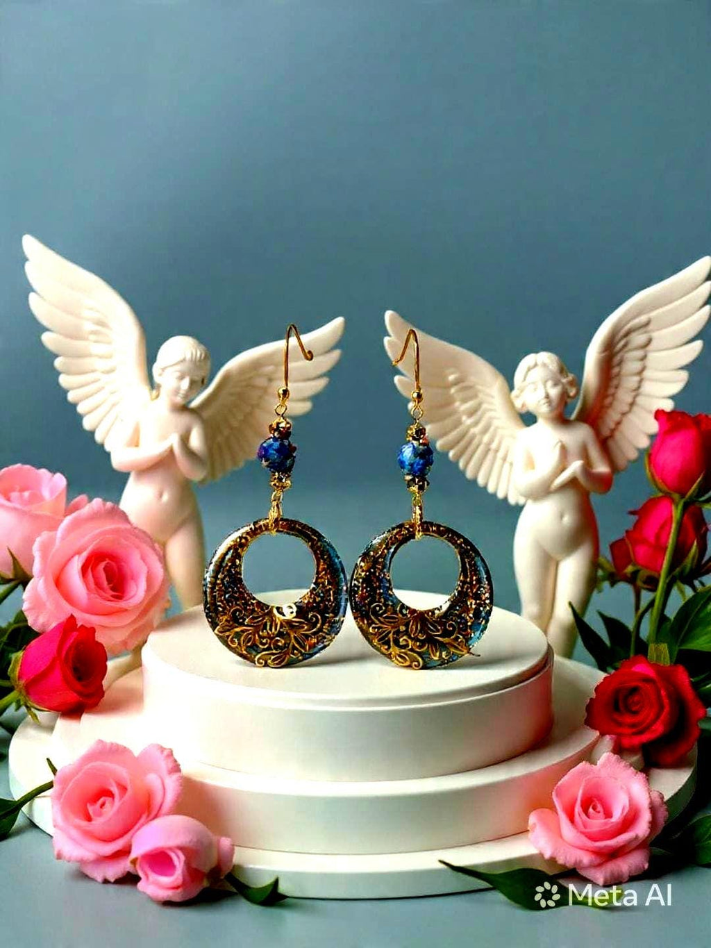 Boucles d'oreilles " jasmine des îles marquises "  en lapis-lazuli & hématite , résiné à la main, bijou artisanal