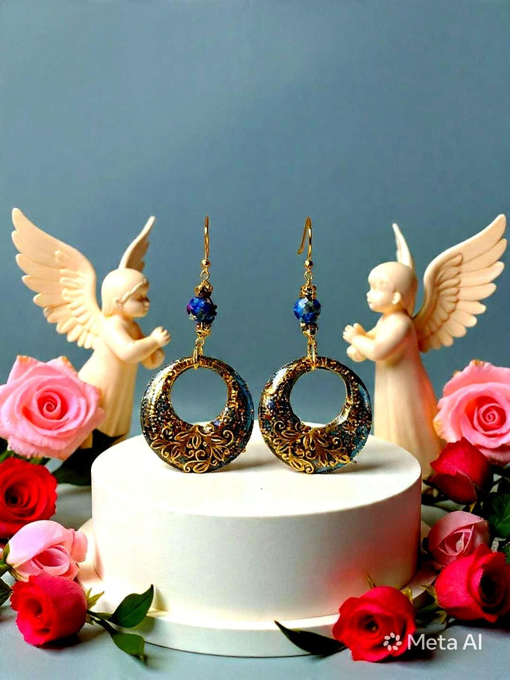 Boucles d'oreilles " jasmine des îles marquises "  en lapis-lazuli & hématite , résiné à la main, bijou artisanal