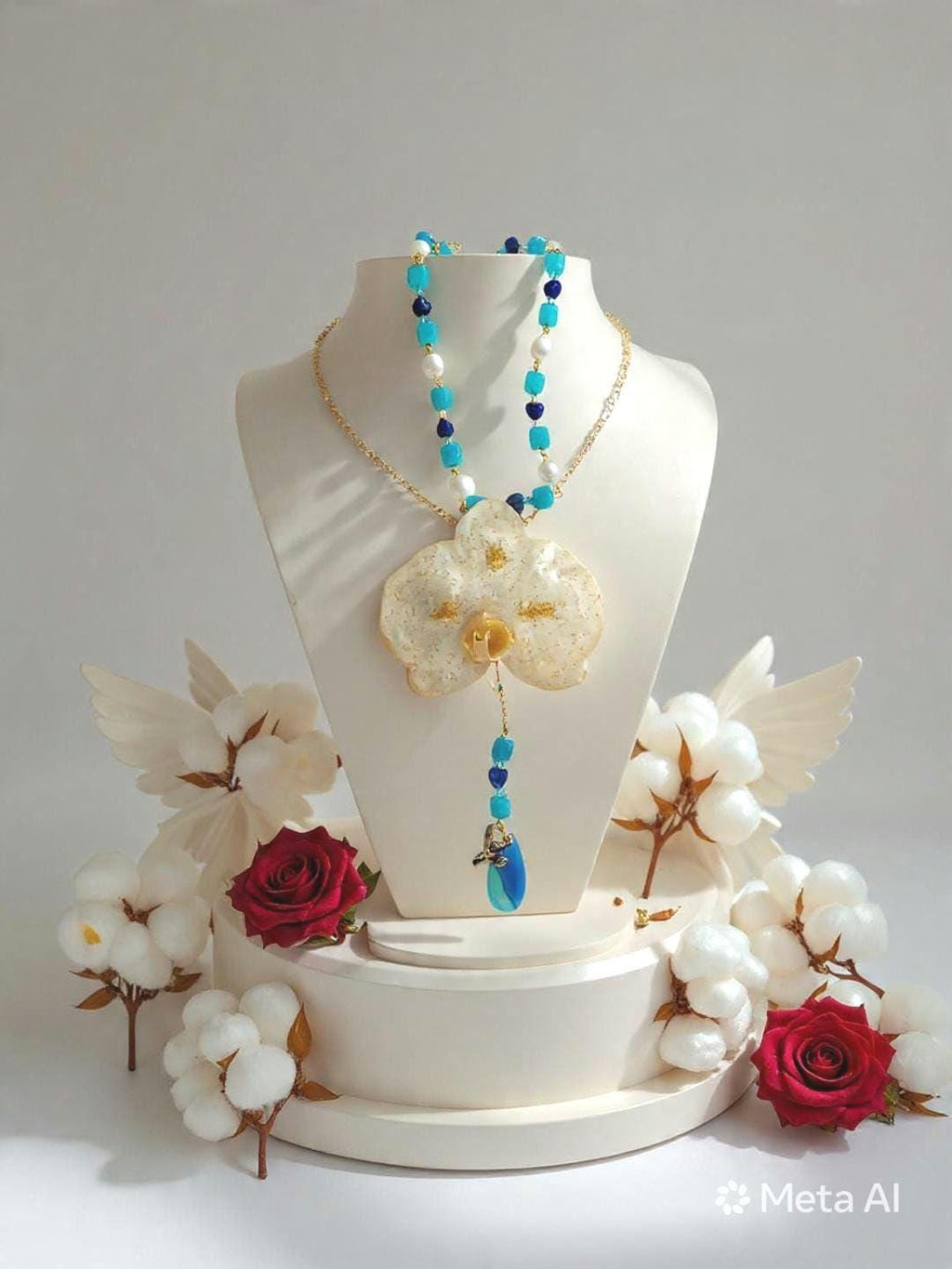Collier Orchidée des anges en perles d’eau douce naturelle, amazonite & lapis-lazuli ,  bijou fleur naturelle résiné, fait main