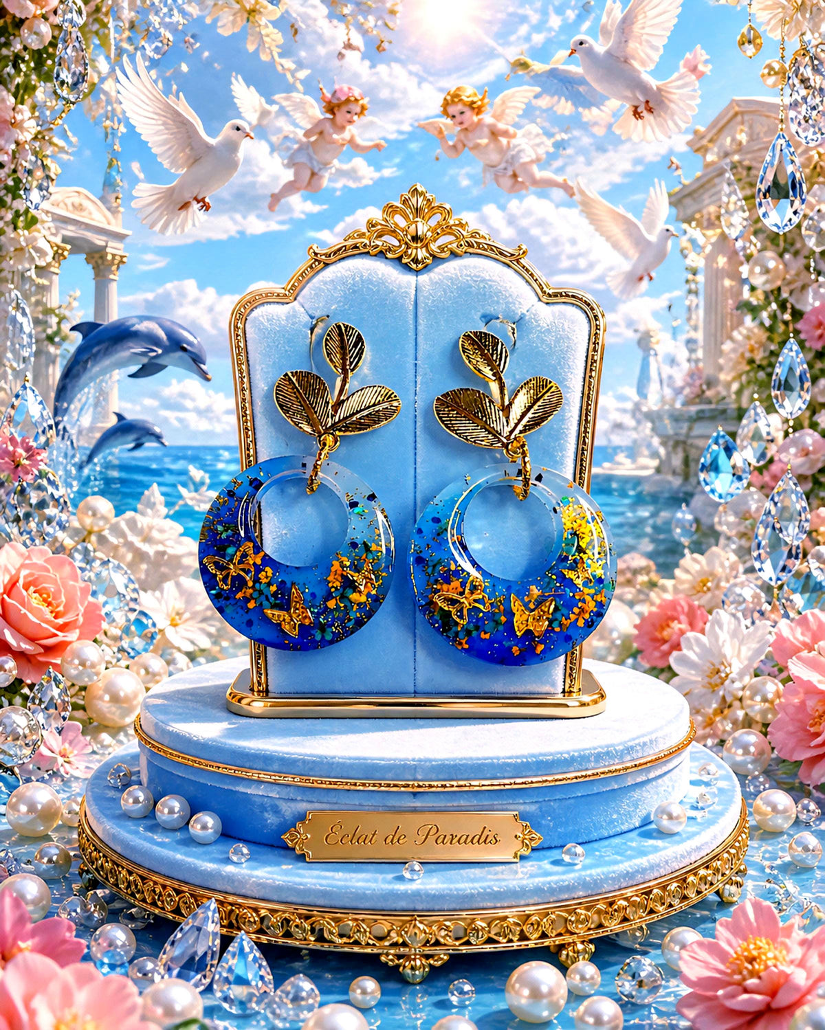 Boucles d'oreilles " papillons des lagons " en résine bleu océan, rêve tropical , fait main