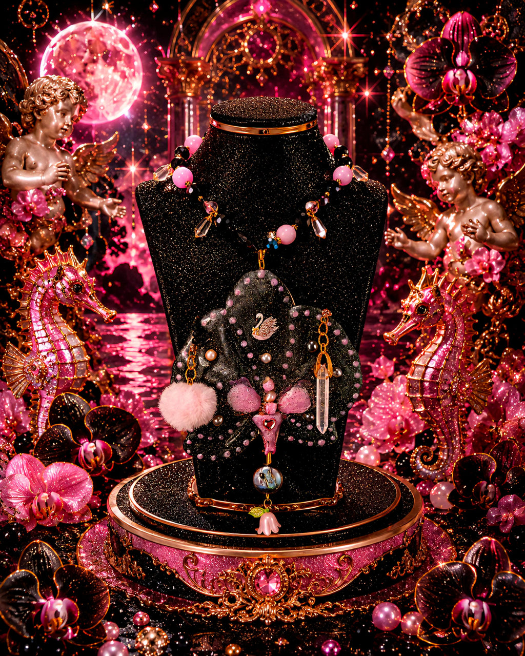 Collier Fleur éternelle Orchidée Véritable |Perles d'eau douce | Bijou Botanique Fleurs Séchées Fait Main | cristal noir