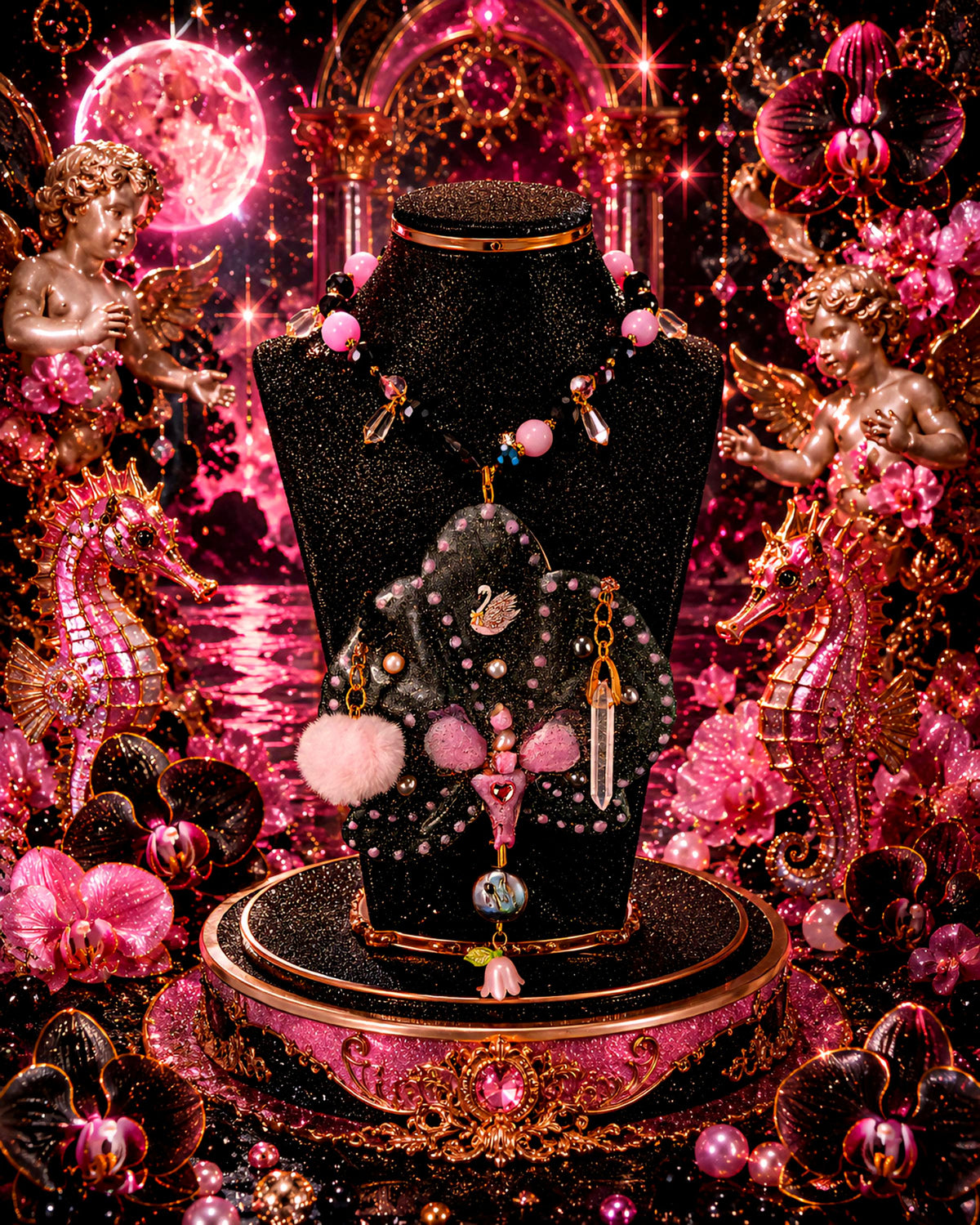 Collier Fleur éternelle Orchidée Véritable |Perles d'eau douce | Bijou Botanique Fleurs Séchées Fait Main | cristal noir