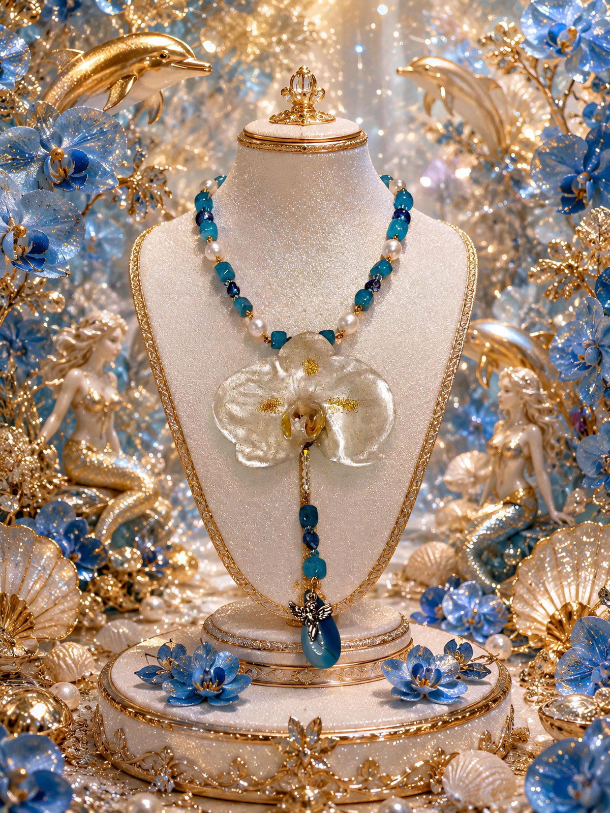 Collier Orchidée des anges en perles d’eau douce naturelle, amazonite & lapis-lazuli ,  bijou fleur naturelle résiné, fait main