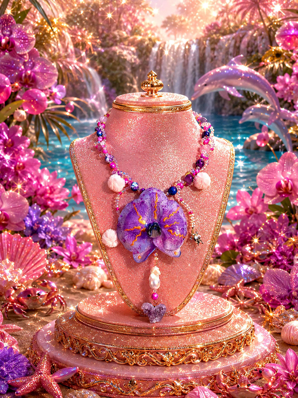 Collier Orchidée des anges en perles d’eau douce , améthyste & jaspe , serti d'un cœur en améthyste , bijou fleur exotique résiné à la main