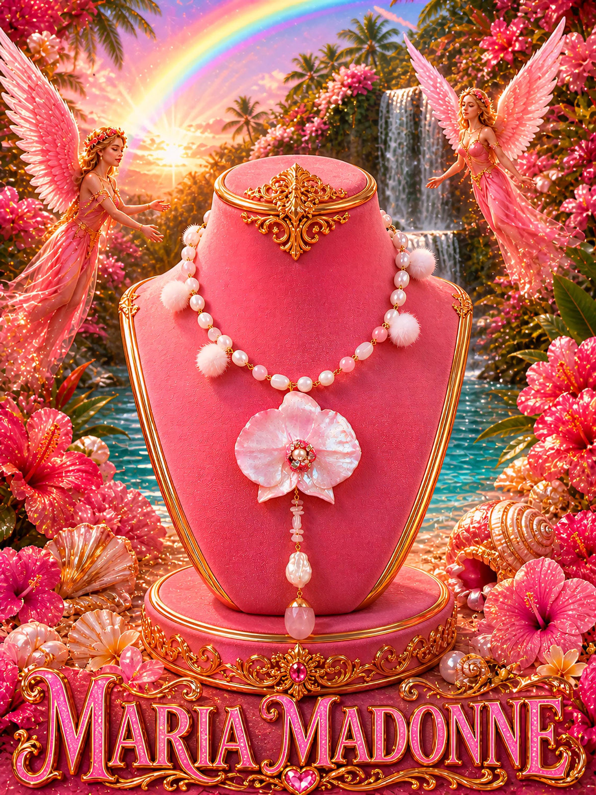Collier orchidée des anges , fleur exotique résiné à la main, chaîne quartz rose & perles d’eau douce , bijou romantique,  Fait Main