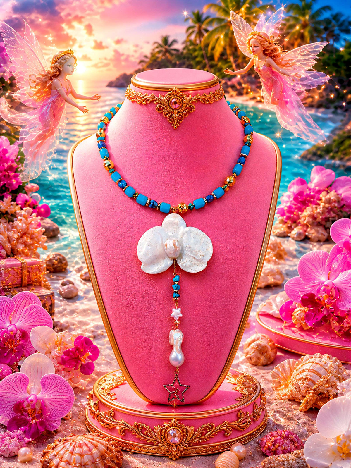 Collier orchidée des anges, fleur exotique résiné à la main, chaîne en perles d'amazonite, turquoise & Lapis-Lazuli, Bijou artisanal